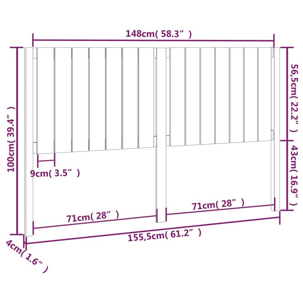 vidaXL voodipeats, must, 155,5 x 4 x 100 cm, männipuit hind ja info | Voodid | kaup24.ee