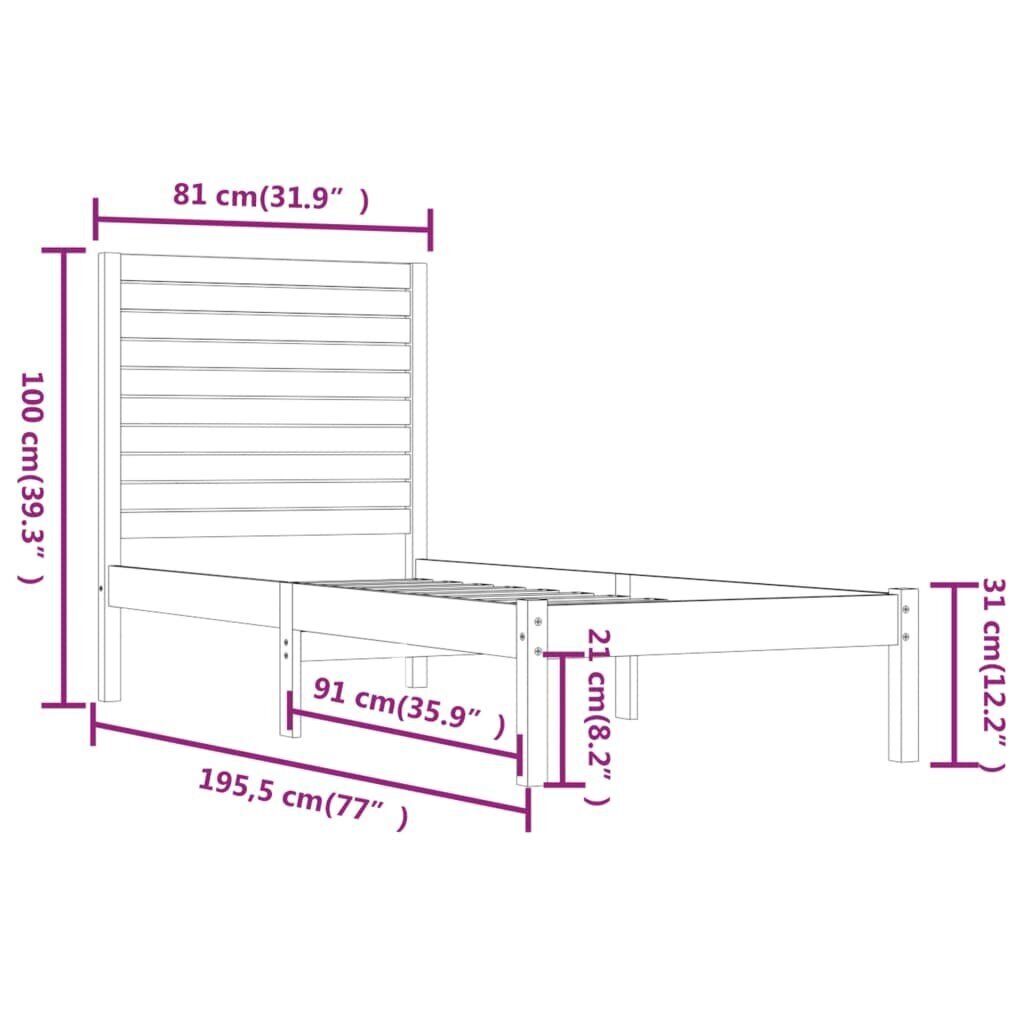 vidaXL voodiraam, valge, täismännipuit, 75 x 190 cm hind ja info | Voodid | kaup24.ee