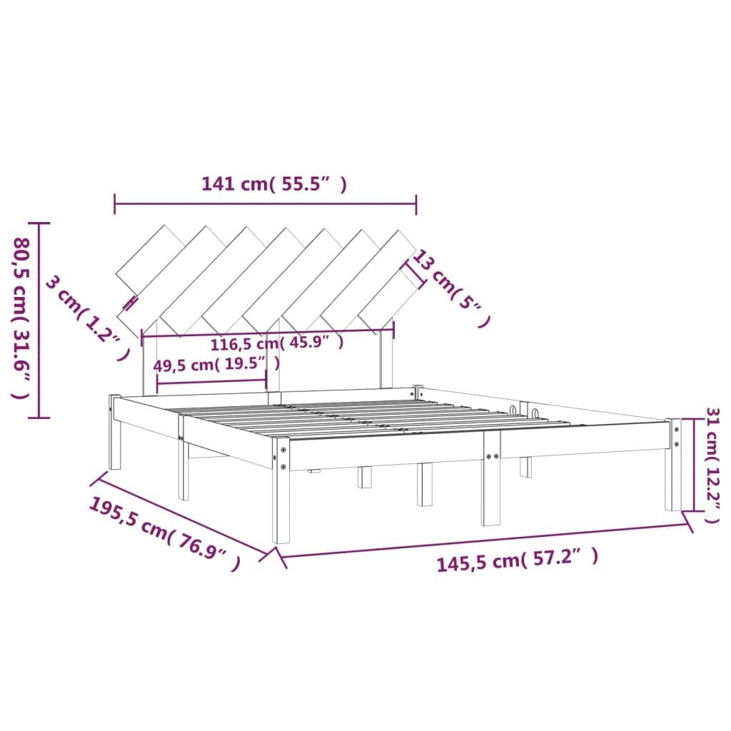 vidaXL voodiraam, hall, 140 x 190 cm, täispuit hind ja info | Voodid | kaup24.ee