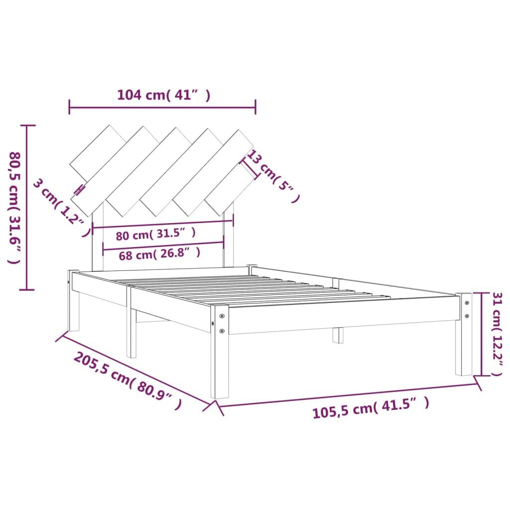 vidaXL voodiraam, hall, 100 x 200 cm, männipuit цена и информация | Voodid | kaup24.ee