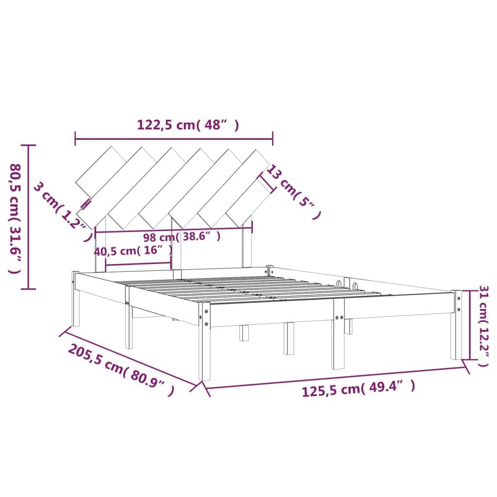 vidaXL voodiraam, hall, 120 x 200 cm, männipuit hind ja info | Voodid | kaup24.ee