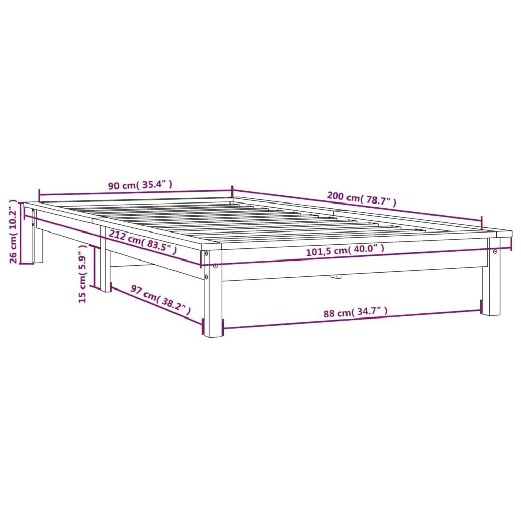 vidaXL voodiraam, valge, 90 x 200 cm, männipuit hind ja info | Voodid | kaup24.ee