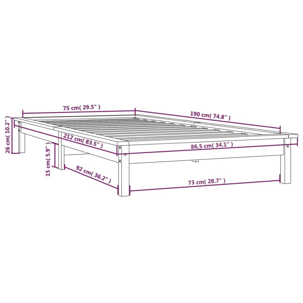 vidaXL voodiraam, must, 75 x 190 cm, männipuit цена и информация | Voodid | kaup24.ee