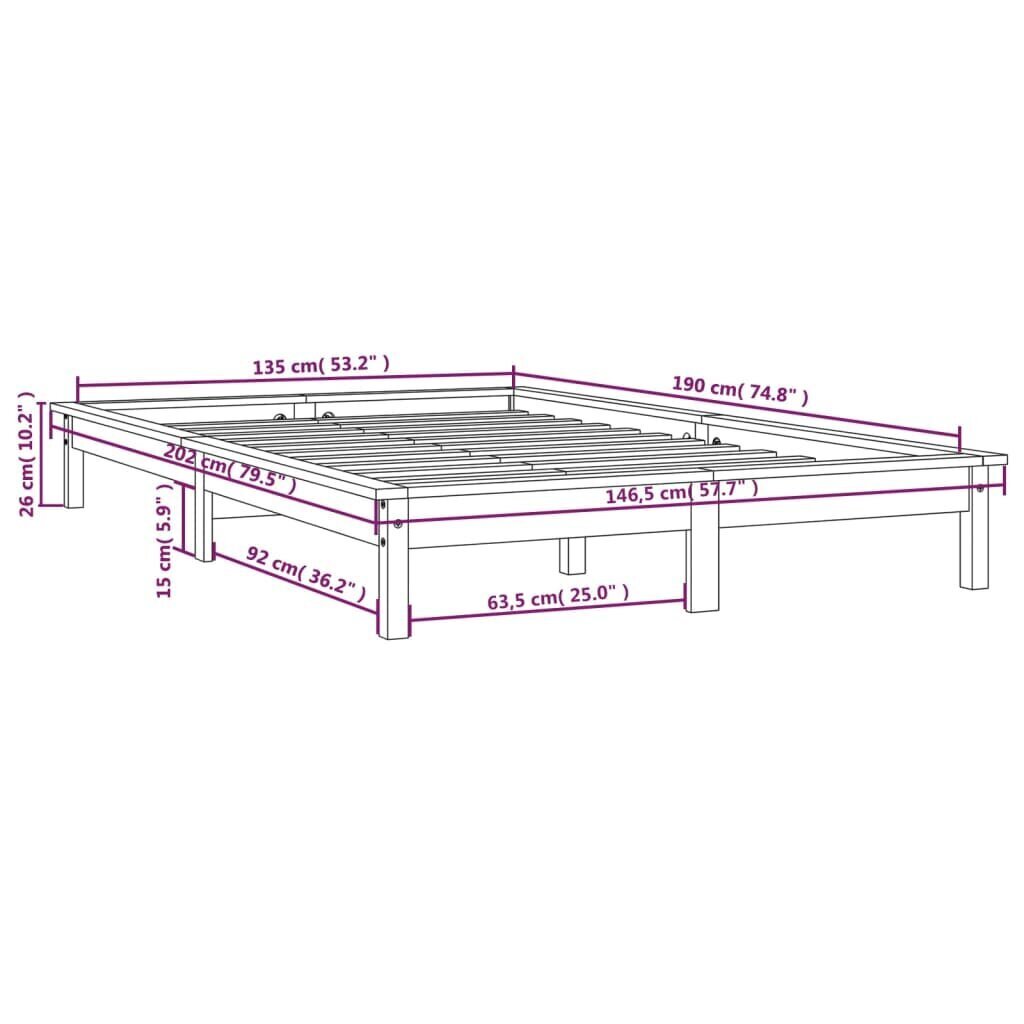 vidaXL voodiraam, hall, 135 x 190 cm, männipuit hind ja info | Voodid | kaup24.ee