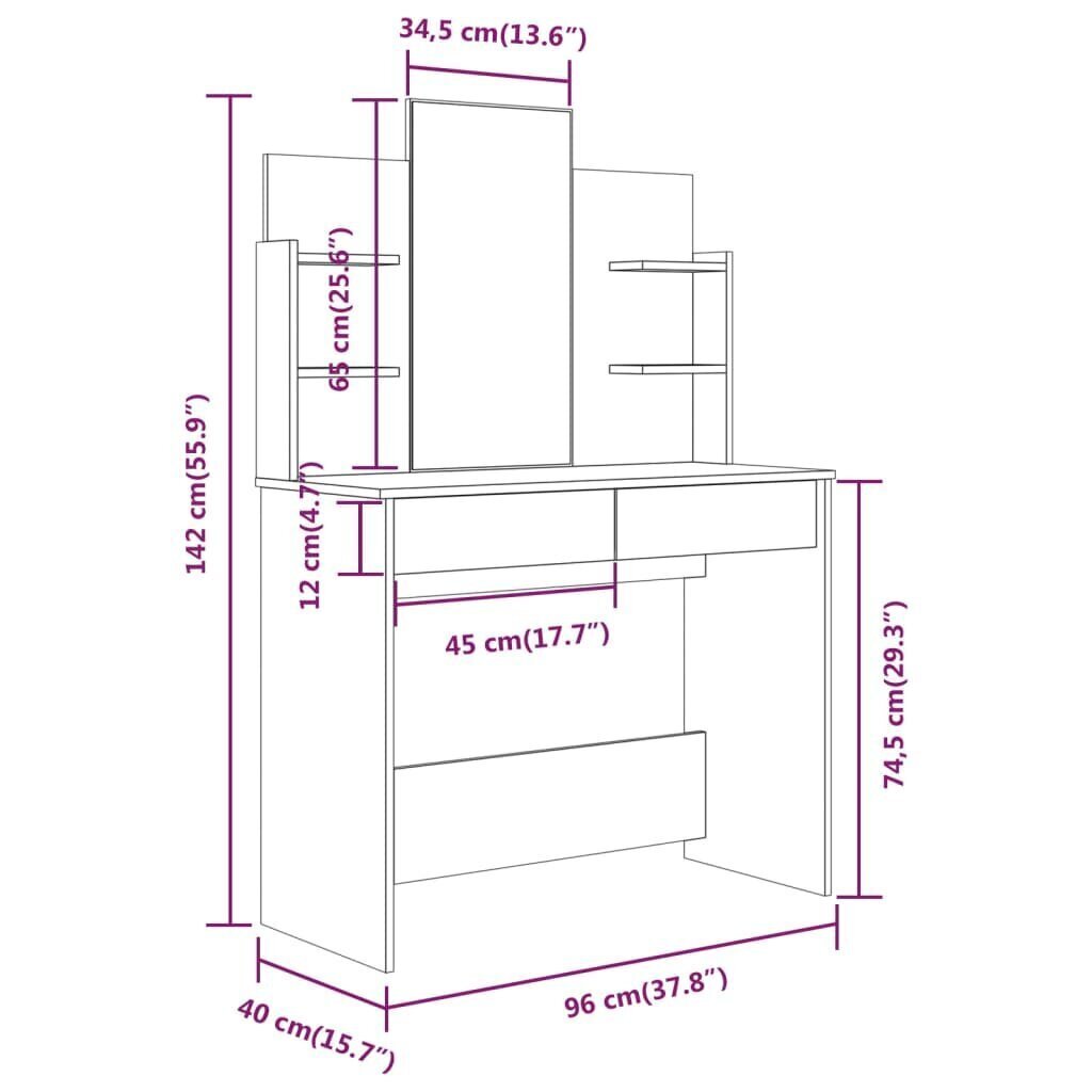 vidaXL peegliga tualettlaud, betoonhall, 96 x 40 x 142 cm цена и информация | Meigilauad | kaup24.ee