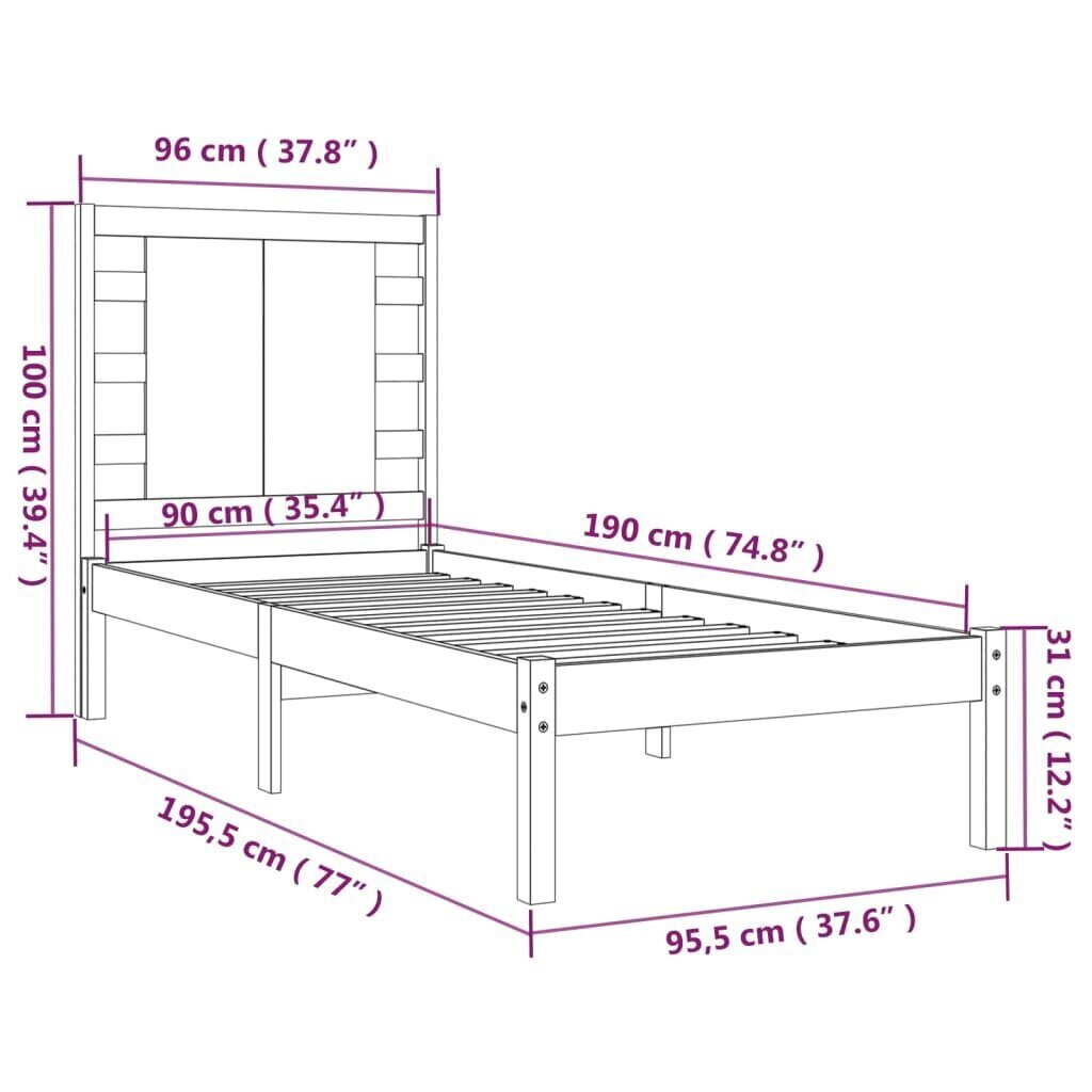 vidaXL voodiraam, männipuit, 90 x 190 cm цена и информация | Voodid | kaup24.ee