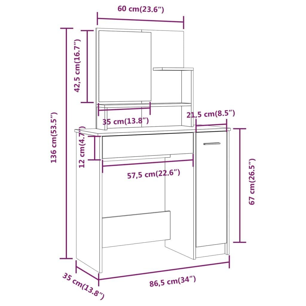 vidaXL peegliga tualettlaud, Sonoma tamm, 86,5 x 35 x 136 cm hind ja info | Meigilauad | kaup24.ee