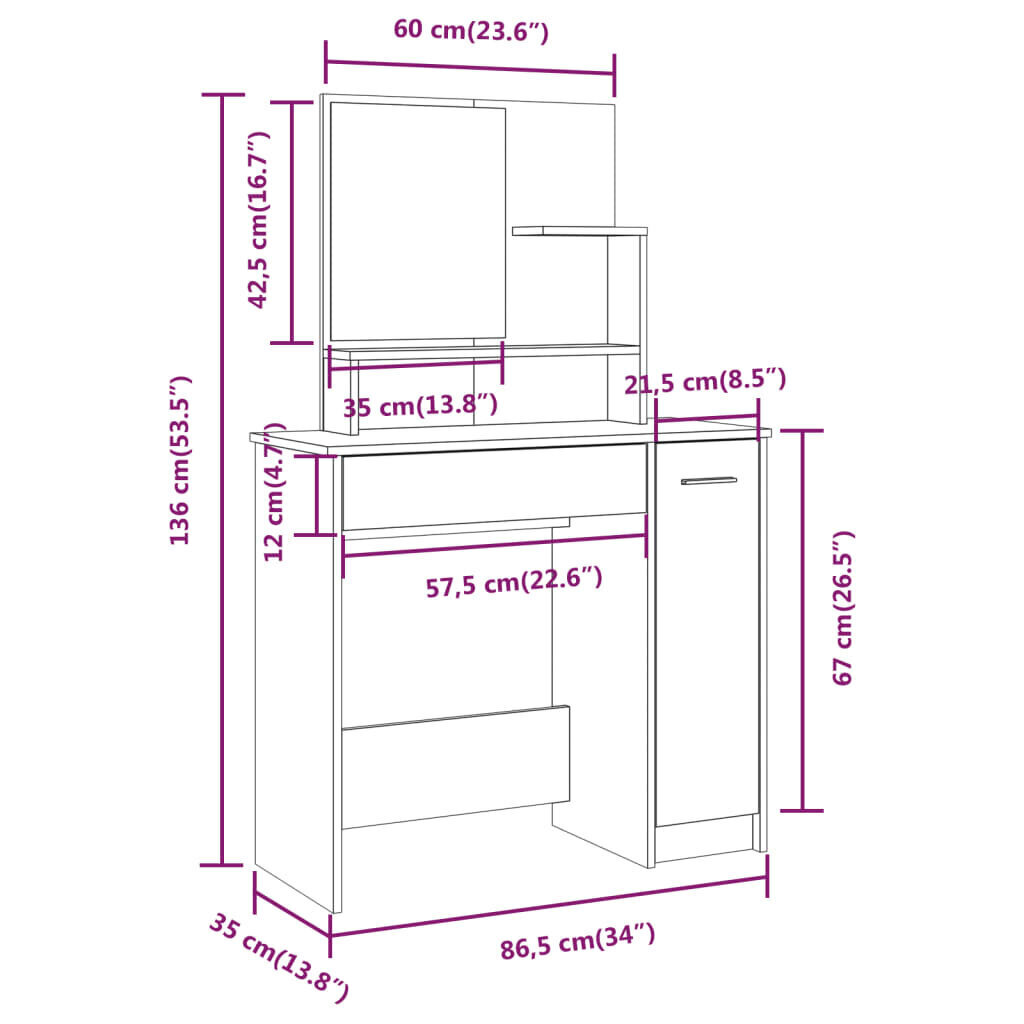 vidaXL tualettlaua komplekt, Sonoma tamm, 86,5 x 35 x 136 cm цена и информация | Meigilauad | kaup24.ee