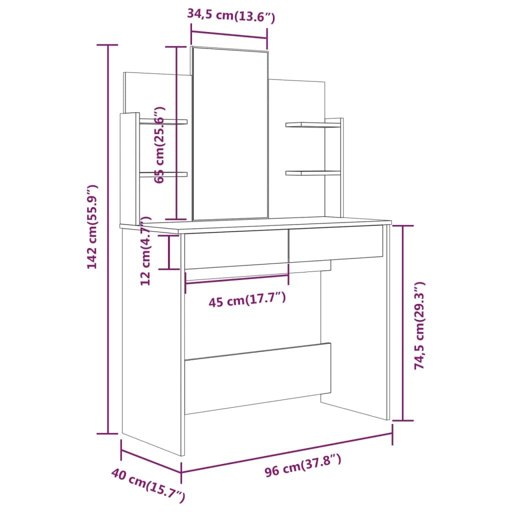 vidaXL tualettlaua komplekt, betoonhall, 96 x 40 x 142 cm hind ja info | Meigilauad | kaup24.ee