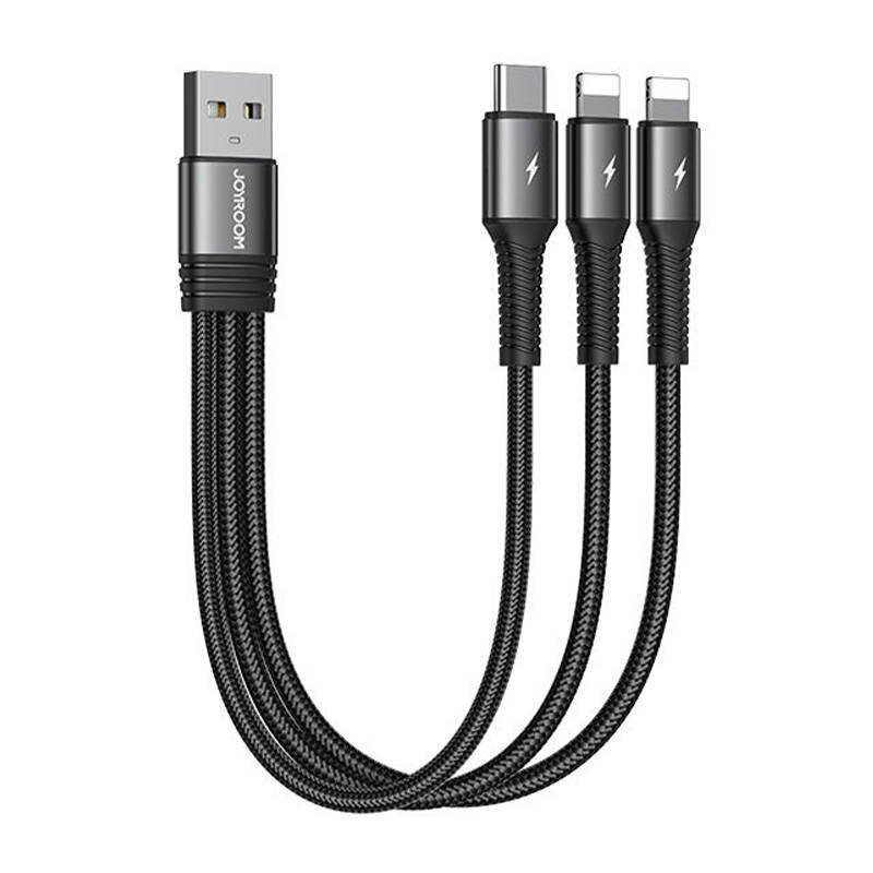 USB cable Joyroom S-01530G10 3in1 USB-C | 2x Lightning 3.5A 0.15m (black) hind ja info | Mobiiltelefonide kaablid | kaup24.ee