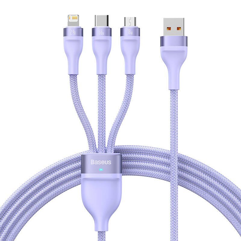 3in1 USB cable Baseus Flash II Series, USB-C + micro USB + Lightning, 66W, 1.2m (Purple) hind ja info | Mobiiltelefonide kaablid | kaup24.ee