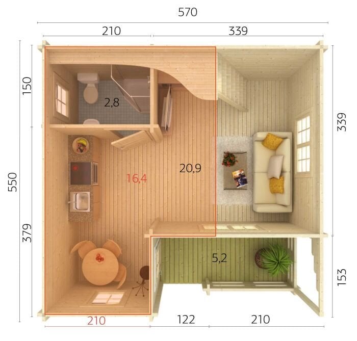 Aiamaja Emily 40,1+5,2 m² pesuruumi, kööginurga ja magamiskorrusega цена и информация | Kuurid ja aiamajad | kaup24.ee