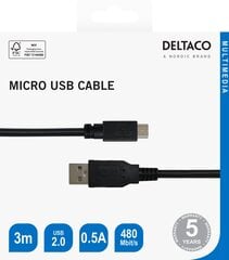 Deltaco, USB 2.0 Micro B, 2.4A, 3м, черный / USB-303S-K / 00140010 цена и информация | Кабели для телефонов | kaup24.ee