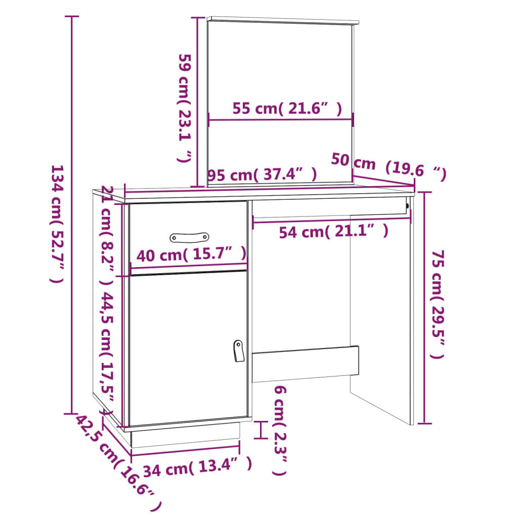 vidaXL tualettlaud, valge, 95 x 50 x 134 cm, männipuit hind ja info | Tualettlauad | kaup24.ee