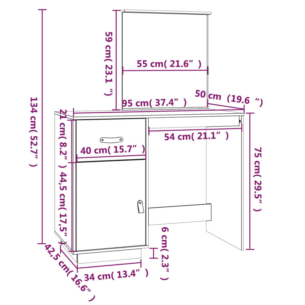 vidaXL tualettlaud, meekarva, 95 x 50 x 134 cm, männipuit цена и информация | Meigilauad | kaup24.ee