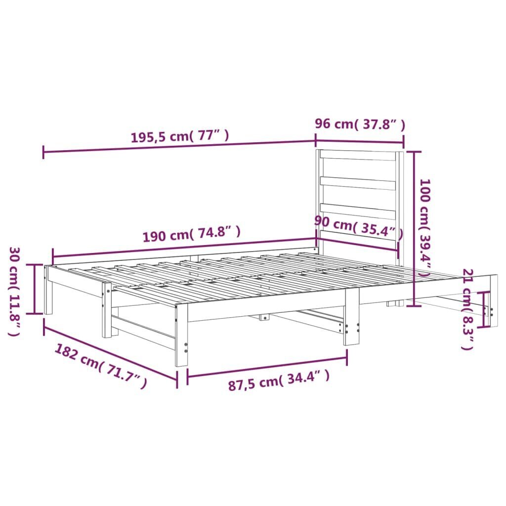 vidaXL väljatõmmatav päevavoodi, valge, 2 x (90x190) cm, männipuit hind ja info | Voodid | kaup24.ee