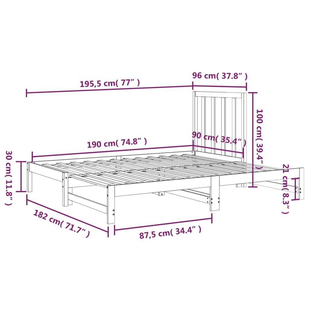 vidaXL väljatõmmatav päevavoodi, hall 2 x (90x190) cm, männipuit цена и информация | Voodid | kaup24.ee