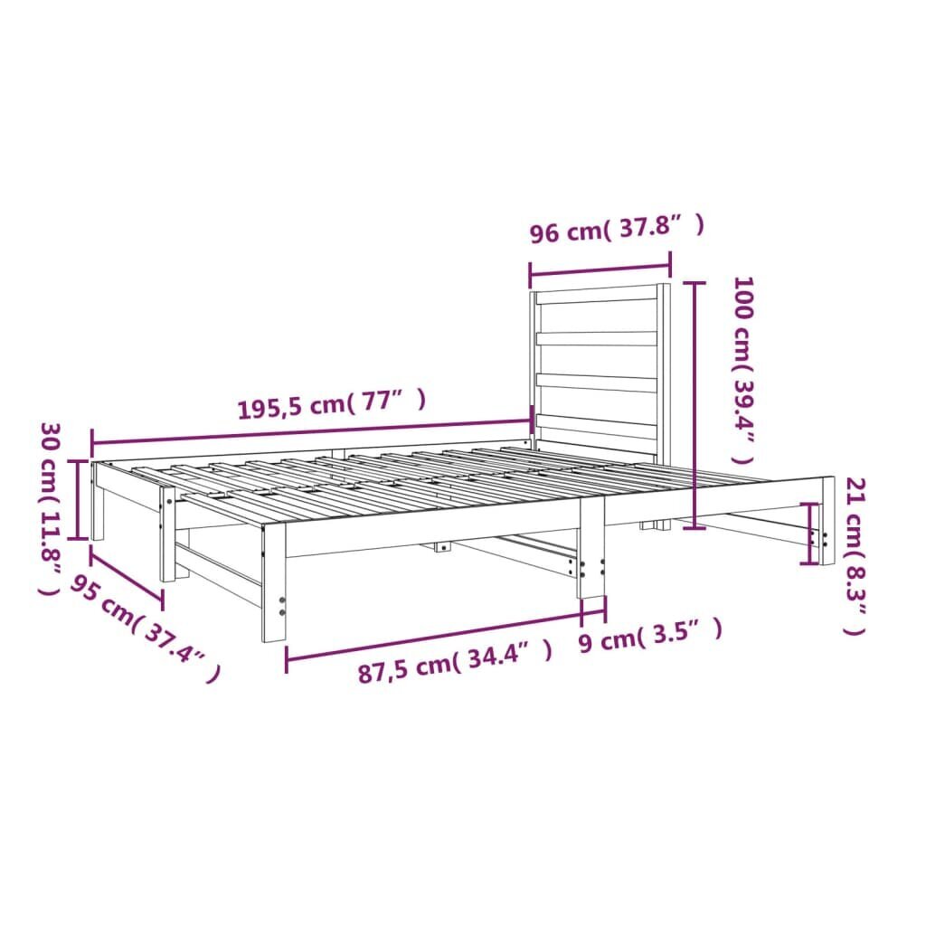 vidaXL väljatõmmatav päevavoodi, valge, 2 x (90x190) cm, männipuit hind ja info | Voodid | kaup24.ee