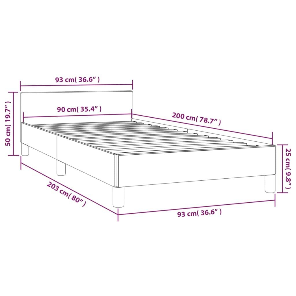 vidaXL voodiraam peatsiga, tumeroheline, 90x200 cm, samet цена и информация | Voodid | kaup24.ee