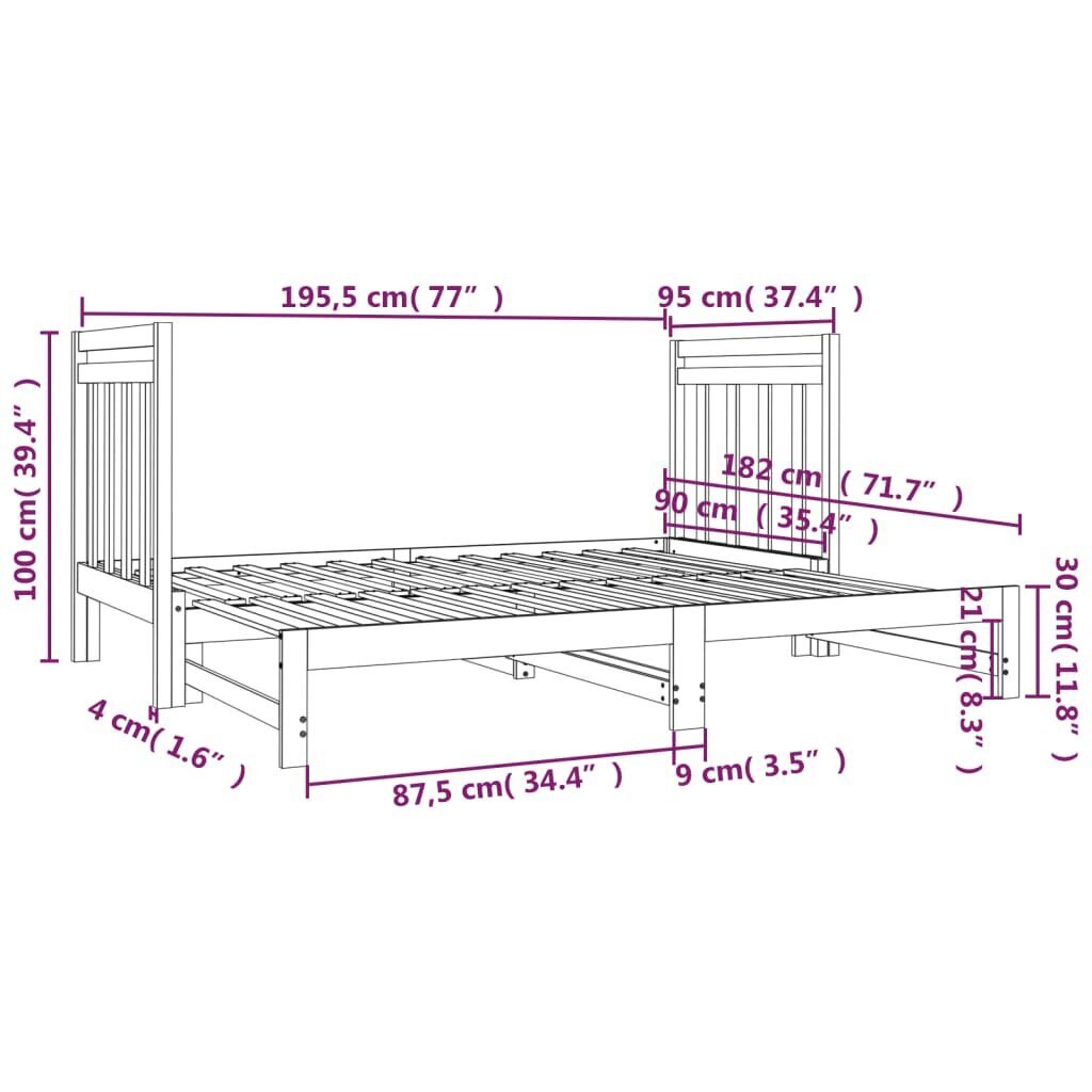 vidaXL väljatõmmatav päevavoodi, must, 2 x (90x190) cm, männipuit цена и информация | Voodid | kaup24.ee