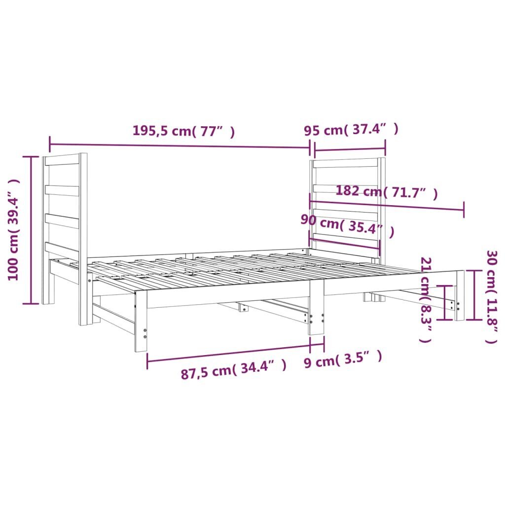 vidaXL väljatõmmatav päevavoodi, hall, 2 x (90x190) cm, männipuit hind ja info | Voodid | kaup24.ee