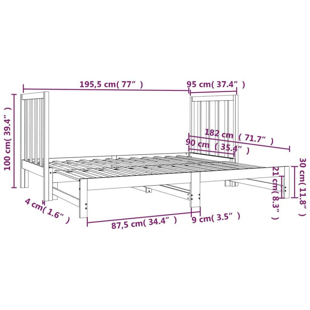 vidaXL väljatõmmatav päevavoodi, hall, 2 x (90x190) cm, männipuit цена и информация | Voodid | kaup24.ee