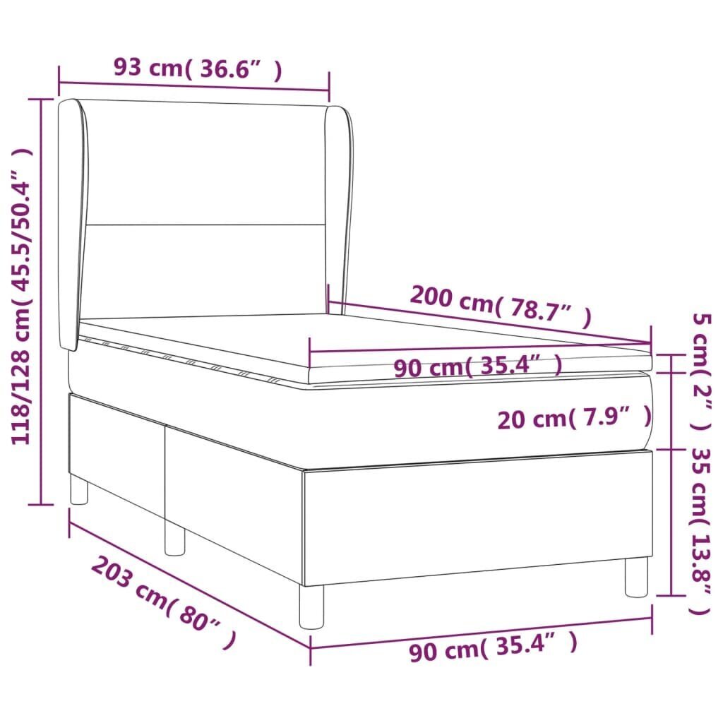 vidaXL kontinentaalvoodi madratsiga, tumehall, 90x200 cm, samet hind ja info | Voodid | kaup24.ee