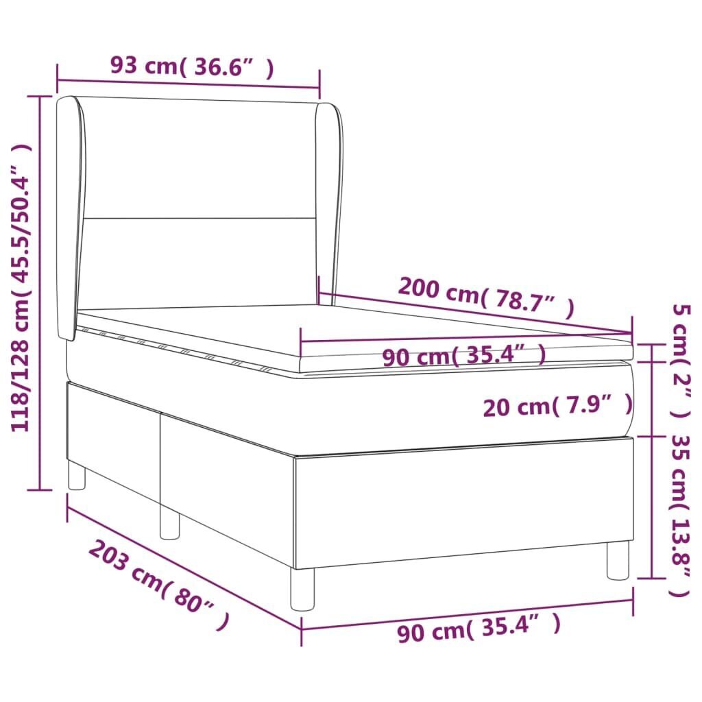 vidaXL kontinentaalvoodi madratsiga, helehall, 90x200 cm, samet цена и информация | Voodid | kaup24.ee