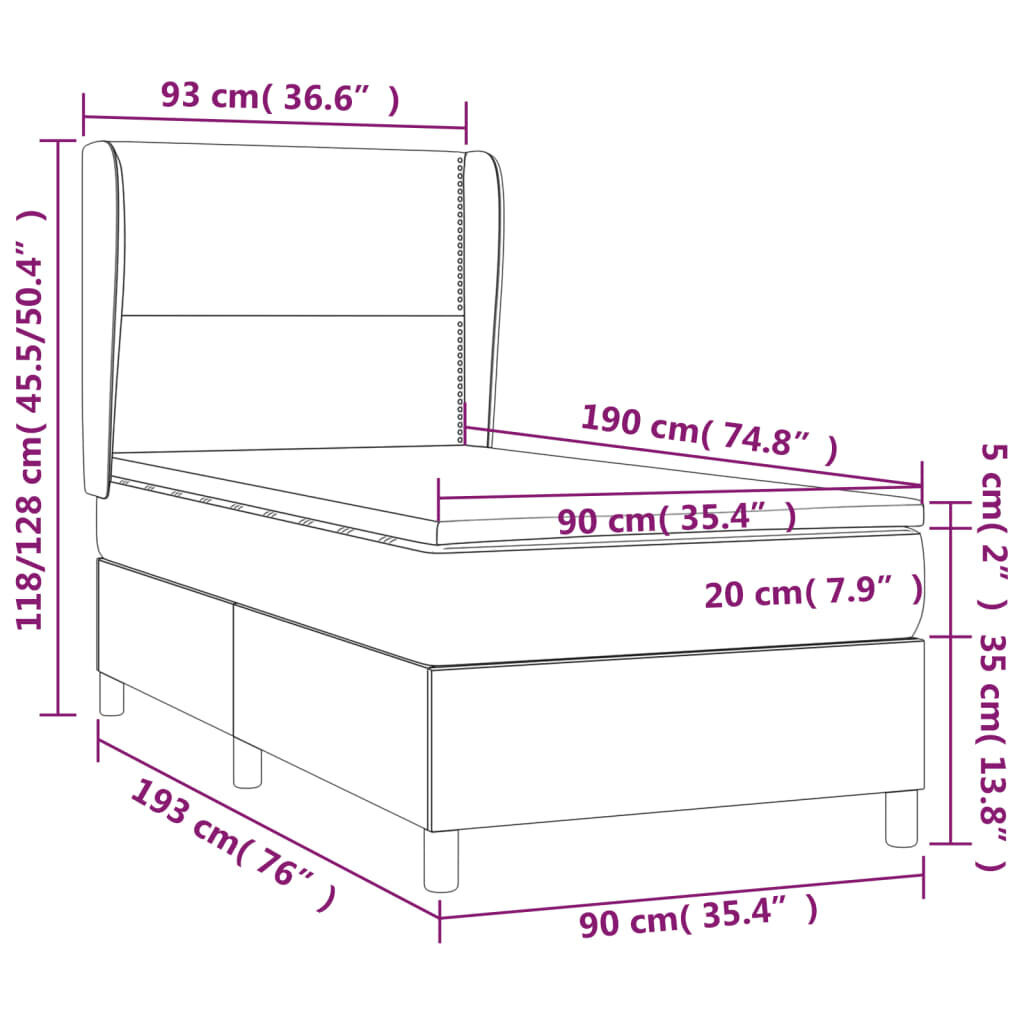 vidaXL kontinentaalvoodi madratsiga, tumeroheline, 90x190 cm, samet цена и информация | Voodid | kaup24.ee