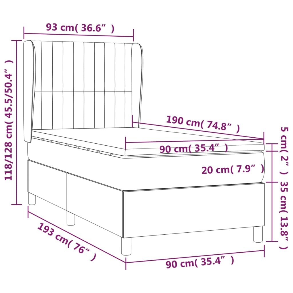 vidaXL kontinentaalvoodi madratsiga, must, 90x190 cm, samet цена и информация | Voodid | kaup24.ee