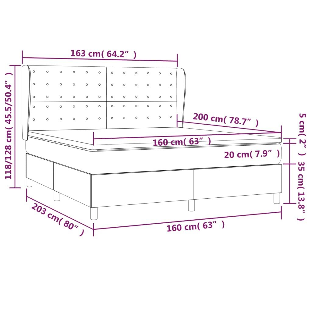 vidaXL kontinentaalvoodi madratsiga, helehall, 160x200 cm, samet hind ja info | Voodid | kaup24.ee