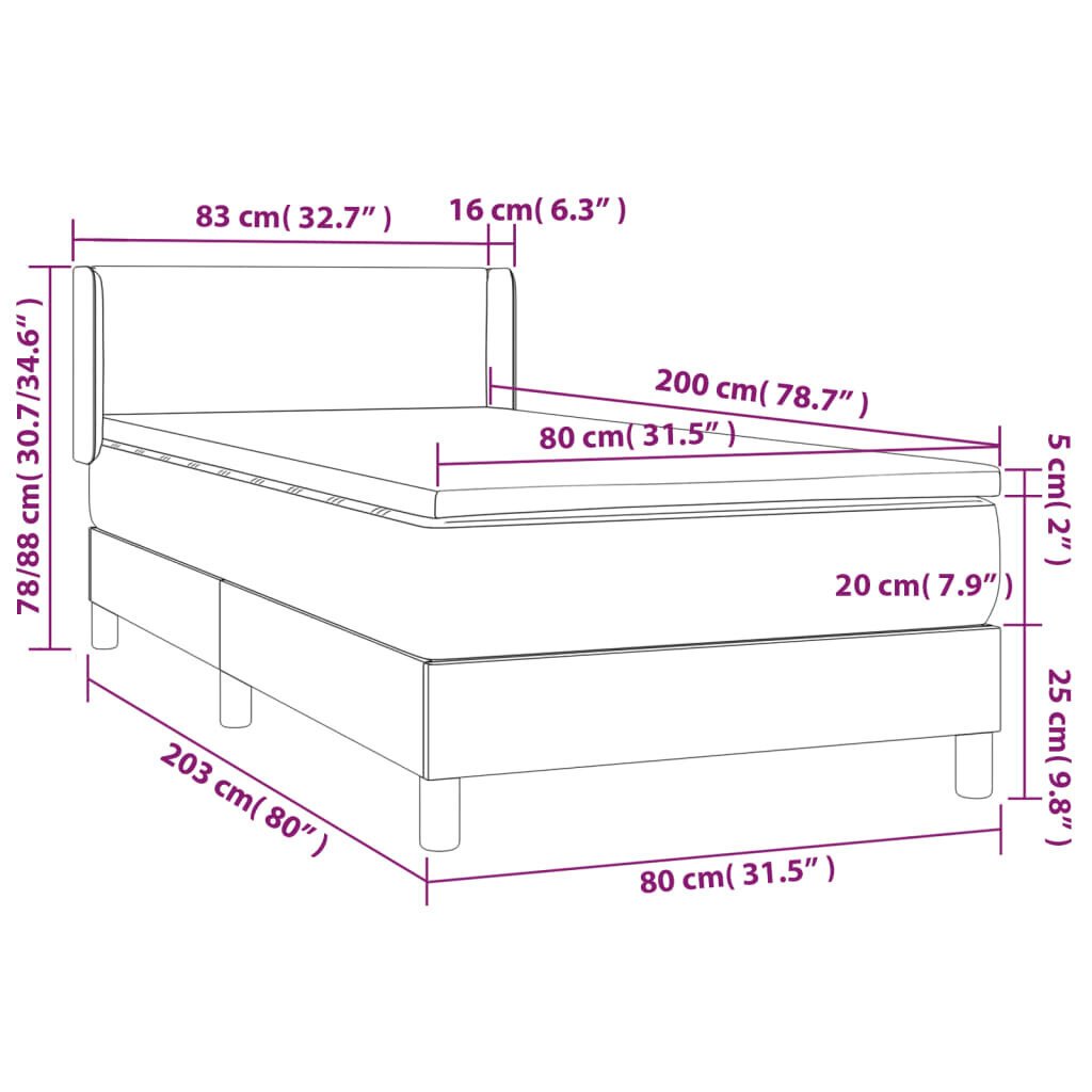 vidaXL kontinentaalvoodi madratsiga, tumehall, 80x200 cm, kangas цена и информация | Voodid | kaup24.ee