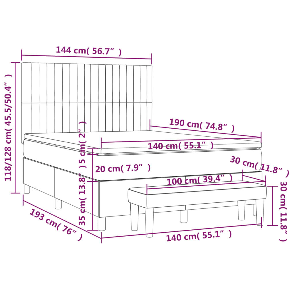 vidaXL kontinentaalvoodi madratsiga, kreemjas, 140x190 cm, kangas hind ja info | Voodid | kaup24.ee