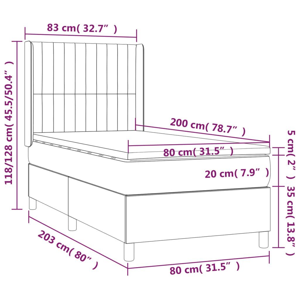 vidaXL kontinentaalvoodi madratsiga, tumehall, 80x200 cm, kangas цена и информация | Voodid | kaup24.ee