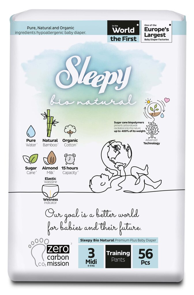 Sleepy püksmähkmed, Bio Natural, 3 midi, 4-9 kg., 56 tk hind ja info | Mähkmed | kaup24.ee