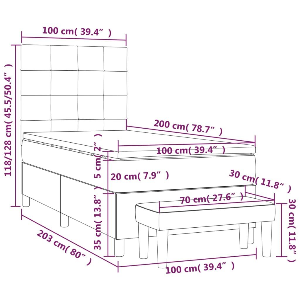 vidaXL kontinentaalvoodi madratsiga, helehall, 100x200 cm, kangas цена и информация | Voodid | kaup24.ee