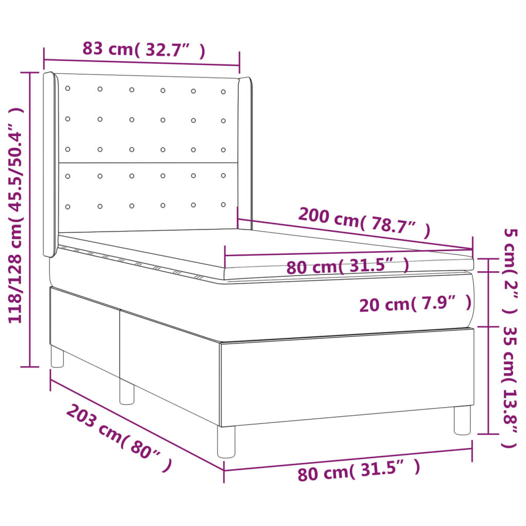 vidaXL kontinentaalvoodi madratsiga, tumeroheline, 80x200 cm, samet цена и информация | Voodid | kaup24.ee