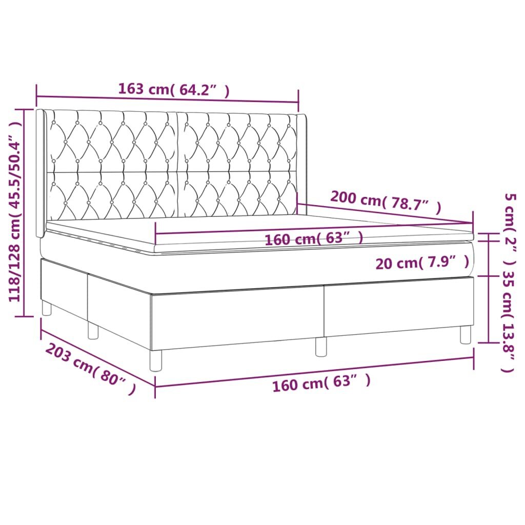 vidaXL kontinentaalvoodi madratsiga, must, 160x200 cm, samet hind ja info | Voodid | kaup24.ee