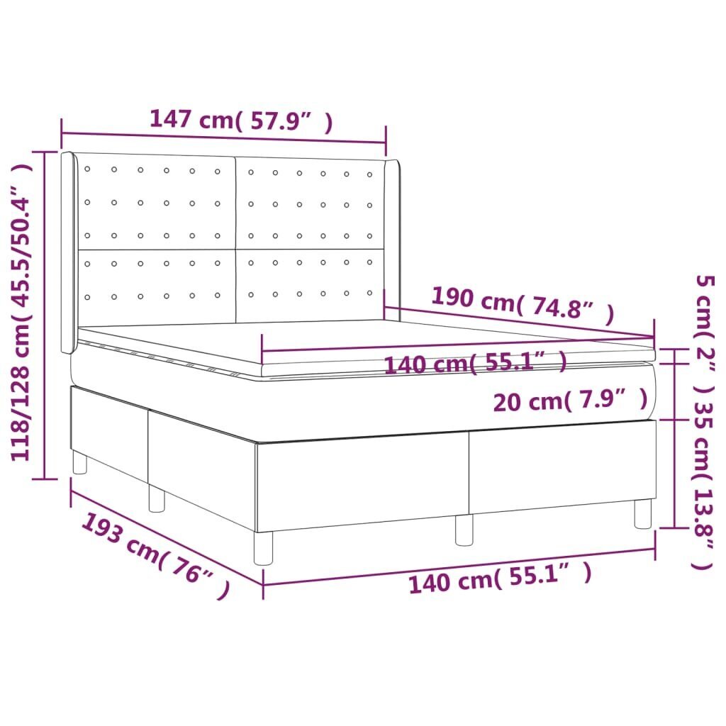 vidaXL kontinentaalvoodi madratsiga,tumehall, 140x190 cm, samet hind ja info | Voodid | kaup24.ee