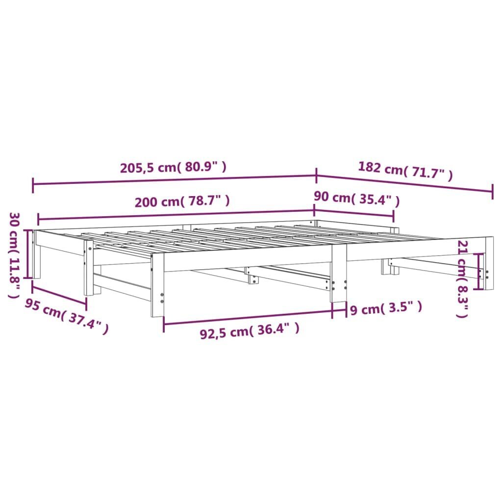 vidaXL väljatõmmatav päevavoodi, valge, 2 x (90x200) cm, männipuit hind ja info | Voodid | kaup24.ee