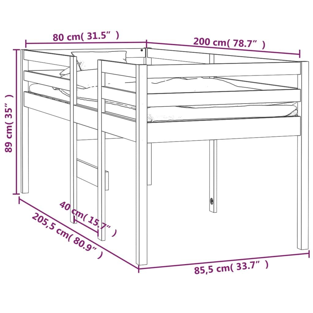 vidaXL kõrge voodi, valge, 80 x 200 cm, männipuit цена и информация | Voodid | kaup24.ee