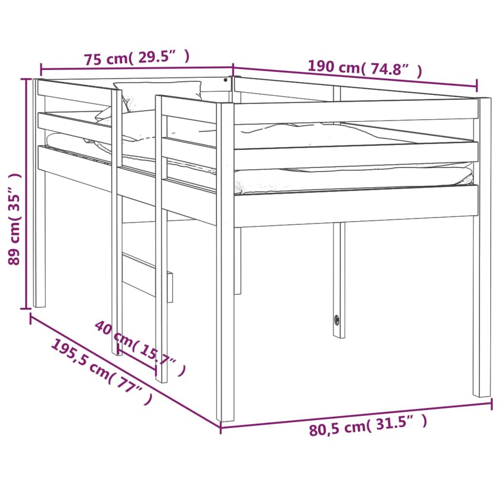 vidaXL kõrge voodi, valge, 75 x 190 cm, männipuit hind ja info | Voodid | kaup24.ee