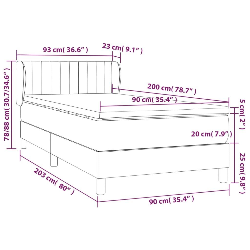 vidaXL kontinentaalvoodi madratsiga, helehall, 90x200 cm, kangas hind ja info | Voodid | kaup24.ee