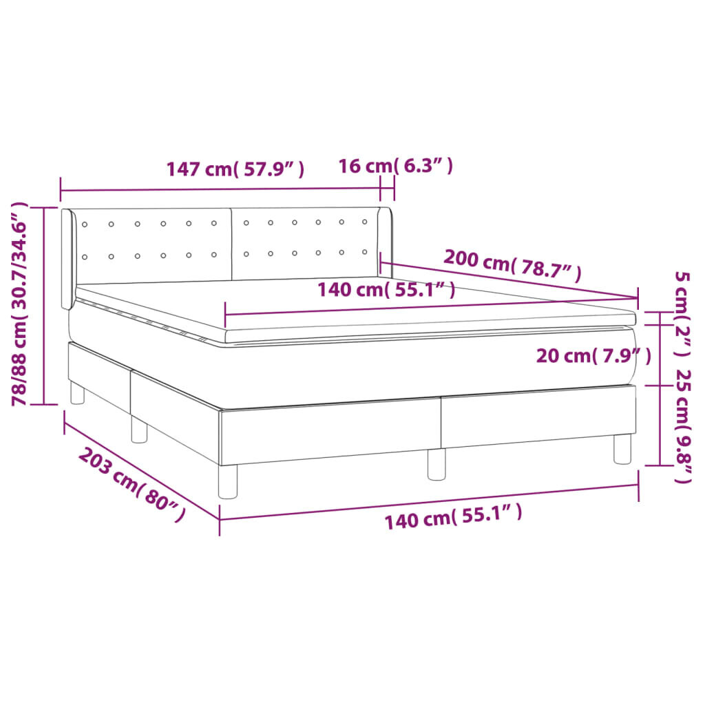 vidaXL kontinentaalvoodi madratsiga, helehall, 140x200 cm, samet hind ja info | Voodid | kaup24.ee