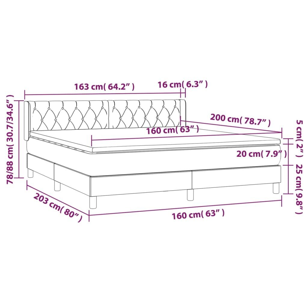 vidaXL kontinentaalvoodi madratsiga, tumehall, 160x200 cm, samet hind ja info | Voodid | kaup24.ee