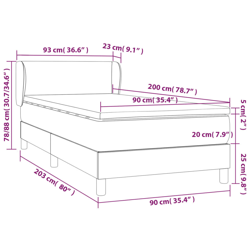 vidaXL kontinentaalvoodi madratsiga, tumehall, 90x200 cm, samet цена и информация | Voodid | kaup24.ee