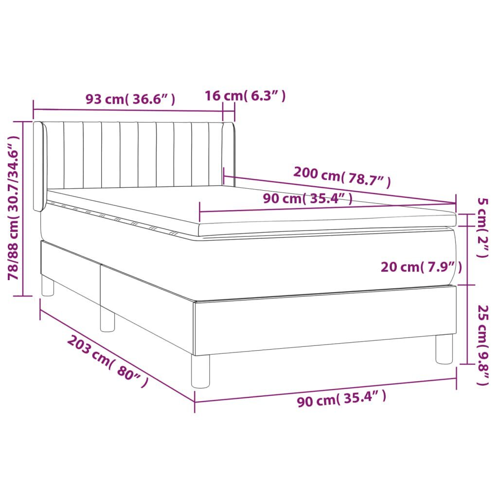 vidaXL kontinentaalvoodi madratsiga, tumehall, 90x200 cm, samet hind ja info | Voodid | kaup24.ee