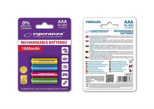 Перезаряжаемые батарейки Esperanza Ni-MH 1000 мАч, 4 шт., в разных цветах цена и информация | Батерейки | kaup24.ee
