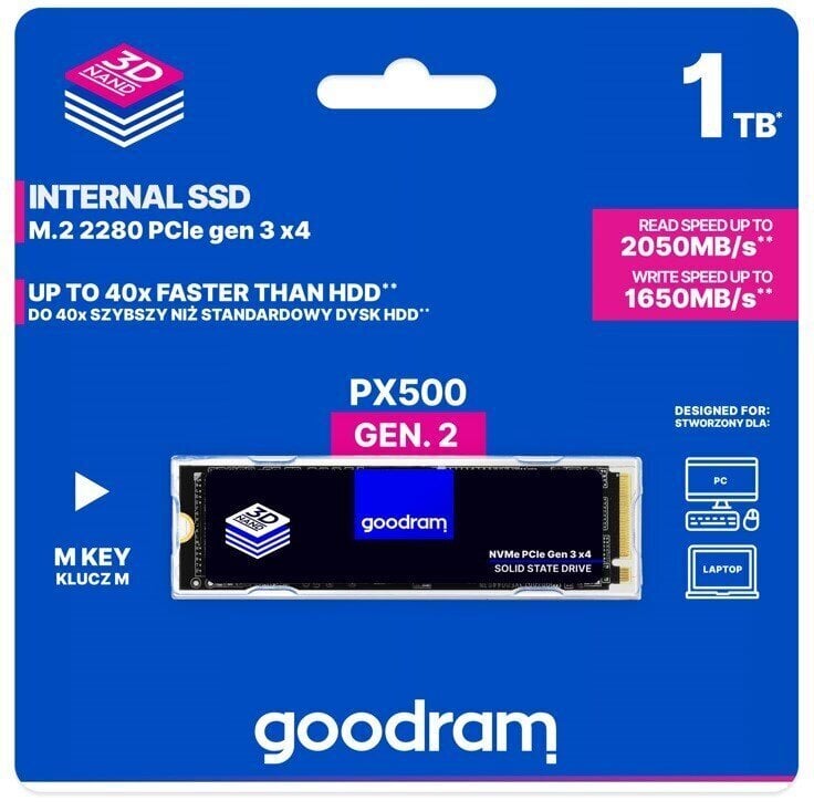 GOODRAM PX500, 1TB (SSDPR-PX500-01T-80-G2) цена и информация | Sisemised kõvakettad (HDD, SSD, Hybrid) | kaup24.ee