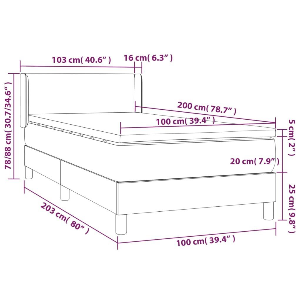 vidaXL kontinentaalvoodi madratsiga, must, 100x200 cm, samet hind ja info | Voodid | kaup24.ee